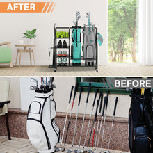 Golf Storage Organizer Golf Bag Storage Stand Golf Bag Organizer Garage Sport Equipment Storage Rack with Wheels Golf Equipment Rack with 4 Removable Hooks Large Capacity for Golf Storage Accessories
