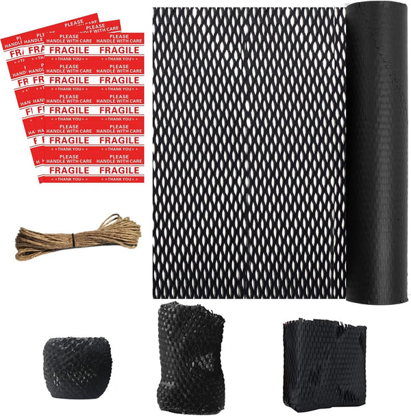 Recyclable Black Honeycomb Packing Wrap with Jute Twine & Fragile Labels Honeycomb Packing Paper Packing Blankets for Moving Wrapping Paper for Shipping Moving Protection,black,11.8"x3937",30CMx100M