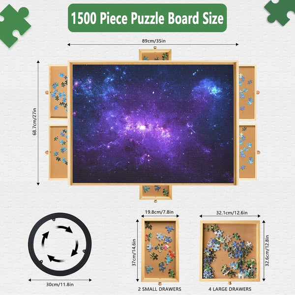 1500 Piece Puzzle Board Game Table Rotating Puzzle Board with Drawers Jigsaw Puzzle Tables for Adults and Kids with Puzzle Cover Bits and Pieces Puzzle Board Wooden Jigsaw Puzzle Trays for Sorting