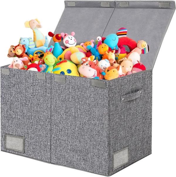 Foldable Large Toy Box Chest With Lid, 62.5x33x40cm, 83L Linen Gray Kids Toy Storage Organizer Sturdy Cube Organizer Basket with Dividers, Bin Boxes For Boys Girls Nursery Playroom Living Room